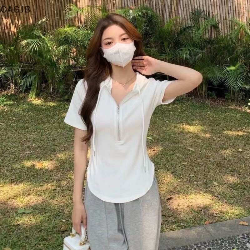 CAGJB Áo Thun Tay Ngắn Có Mũ Trùm Đầu Màu Sắc Đơn Giản Dành Cho Nữ