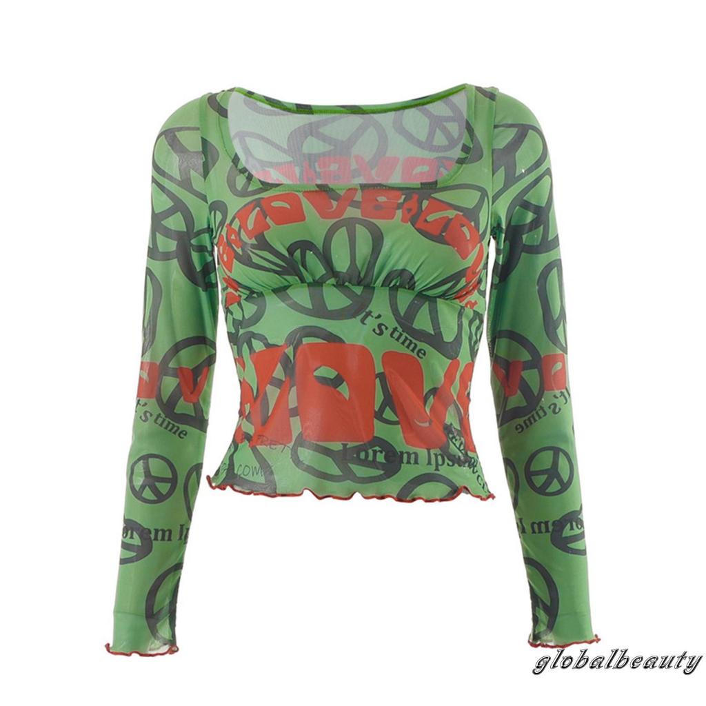 Áo Croptop Lưới Tay Dài In Chữ Nhìn Xuyên Thấu Phong Cách Đường Phố Cho Nữ