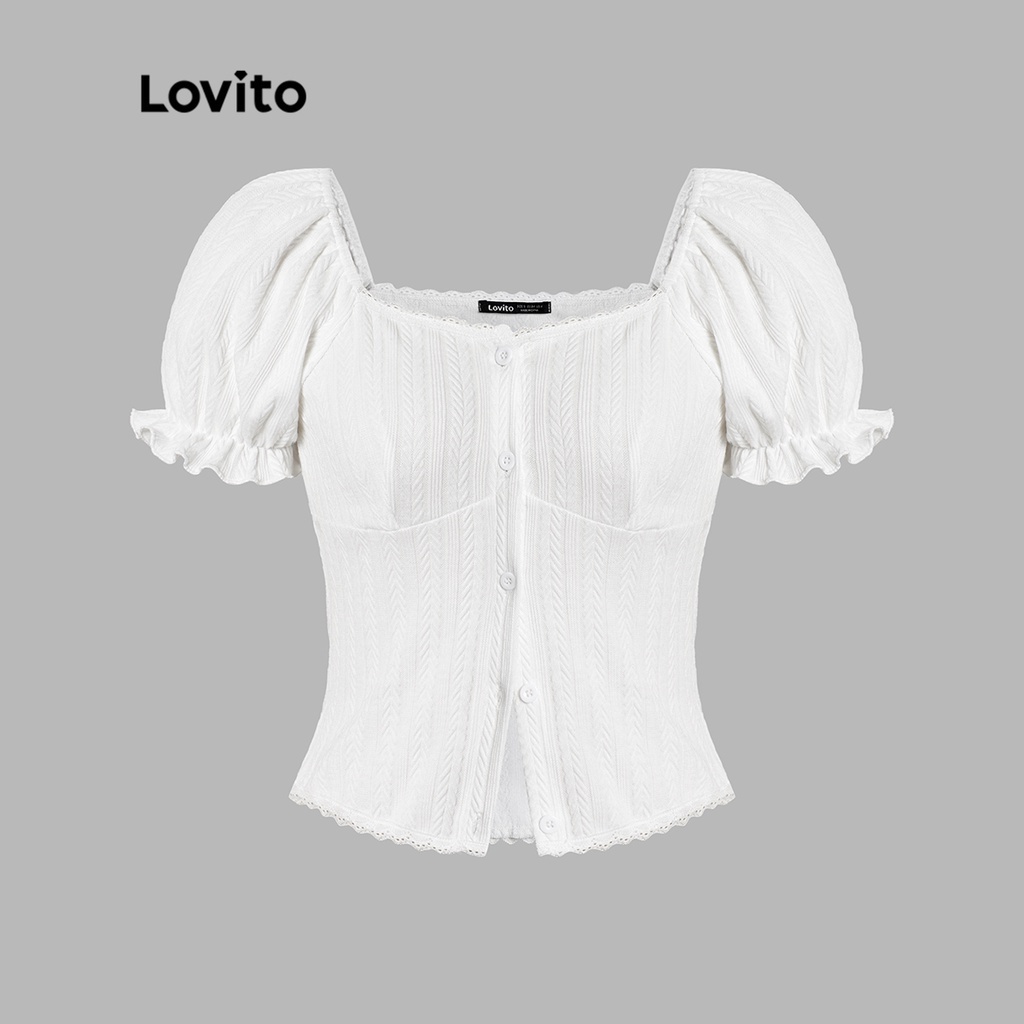 Lovito Casual Plain Button Front Ren Puff Sleeves Sweetheart Neckline Blouse for Women L45AD075(Off White)