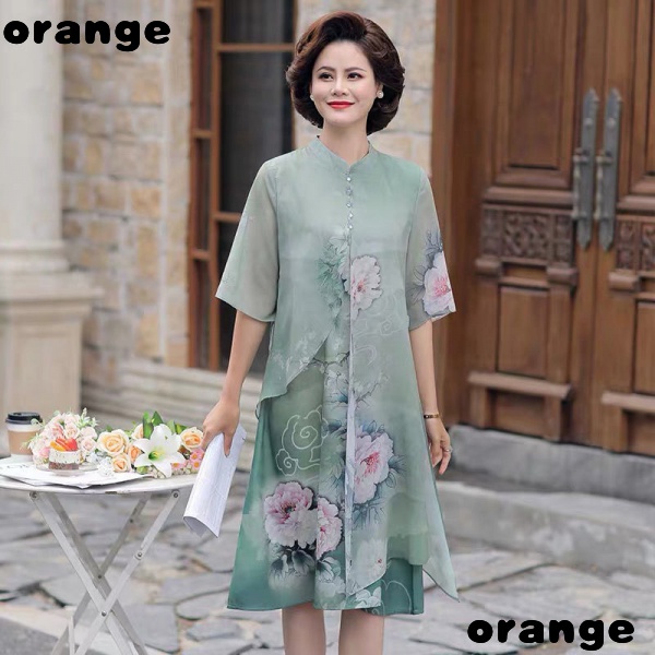 Đầm Chiffon Dài Qua Gối In Họa Tiết Thời Trang Cho Phụ Nữ Trung Niên