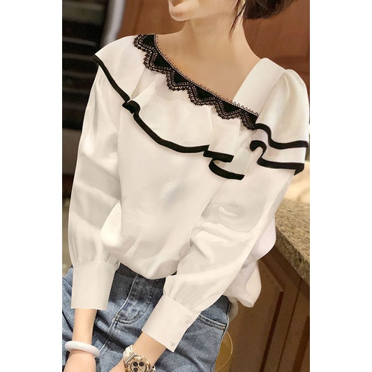 Áo Sơ Mi Chiffon Tay Dài Phồng Phối Ren Phong Cách Hàn Quốc Thời Trang Mùa Xuân Cho Nữ