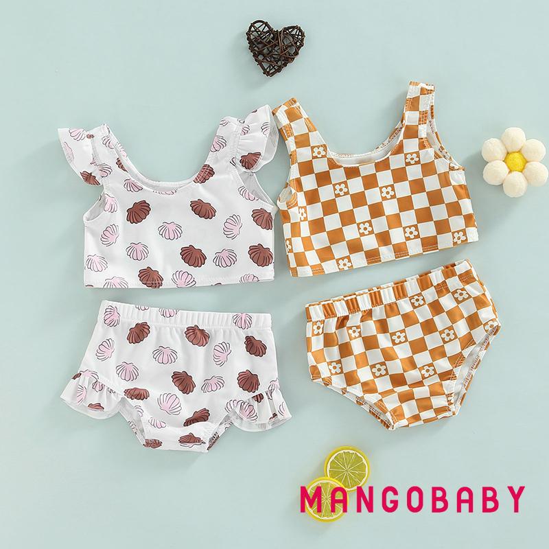 Bộ Đồ Bơi Hai Mảnh Áo Tay Cánh Tiên In Họa Tiết Caro / Quần Short Thời Trang Cho Bé Gái