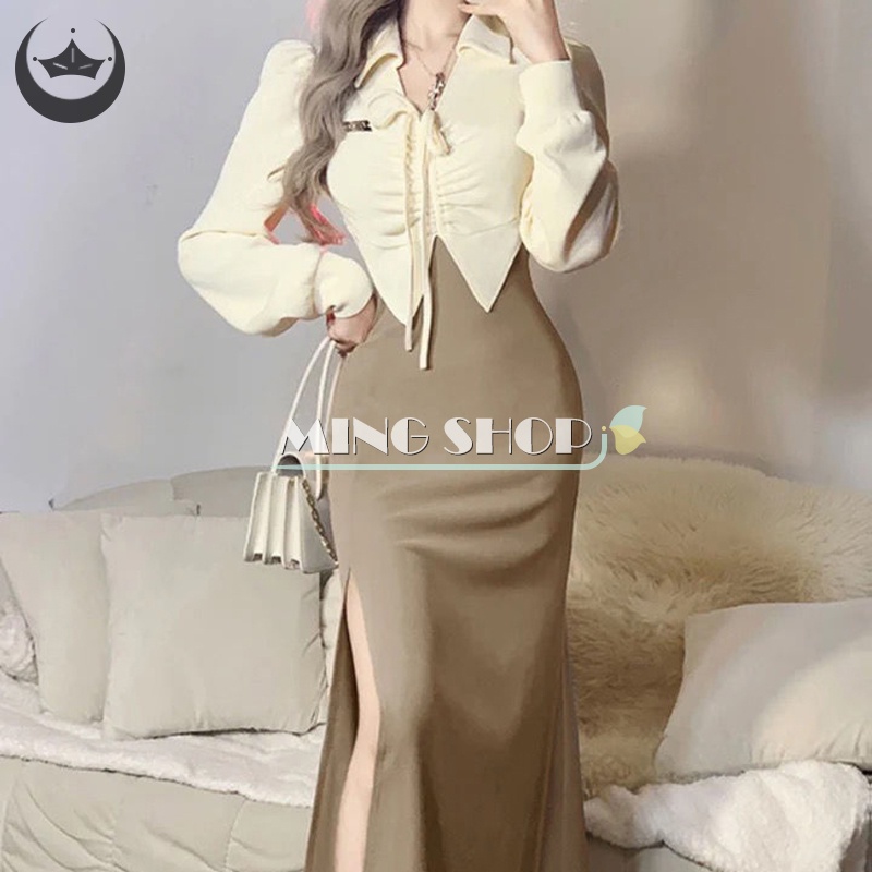 Đầm Giả Hai Lớp Cổ Chữ V Màu Sắc Tương Phản Phong Cách Retro Dành Cho Nữ