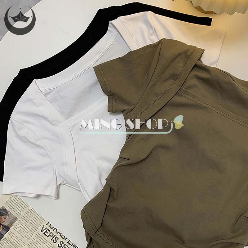 Áo Croptop Tay Ngắn Cổ Vuông Màu Sắc Đơn Giản Cho Nữ