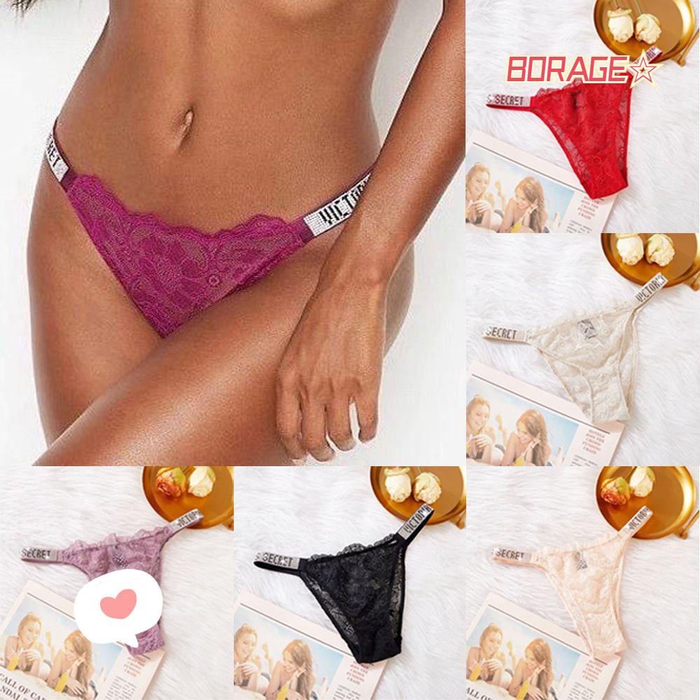 BORAG Quần Lót Ren Hoa Lưng Thấp Thoáng Mát Hoạ Tiết Chữ Cái Đính Đá Lấp Lánh