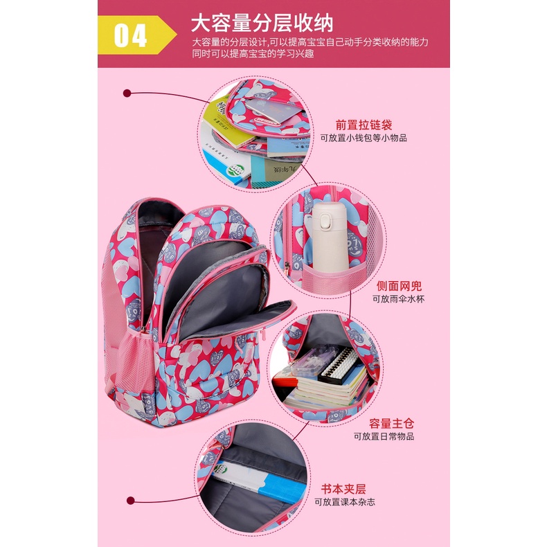 Ba Lô Đi Học In Họa Tiết Trái Tim Xinh Xắn Dành Cho Bé Lớp 1-6