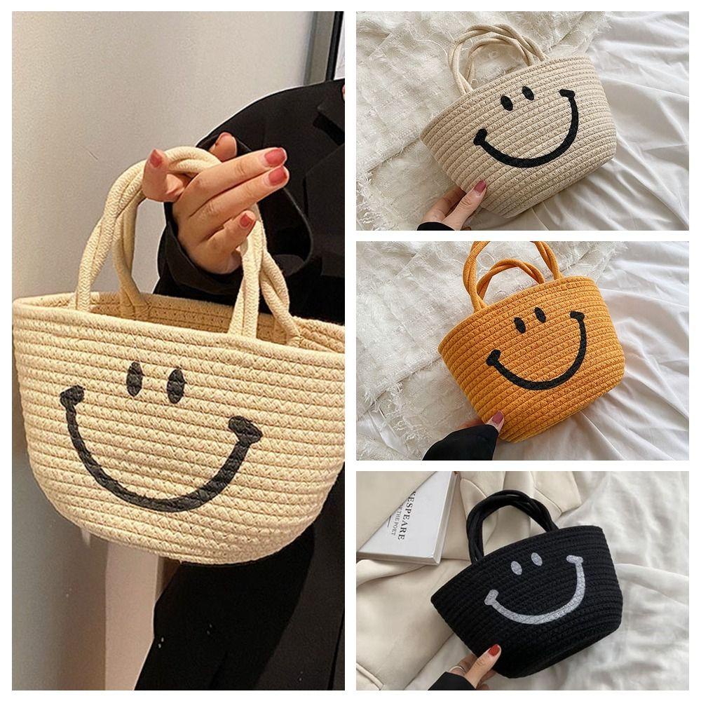 FALLFORBEAUTY Túi Xách Đan Sợi Cotton Sức Chứa Lớn Hình Mặt Cười Dễ Thương