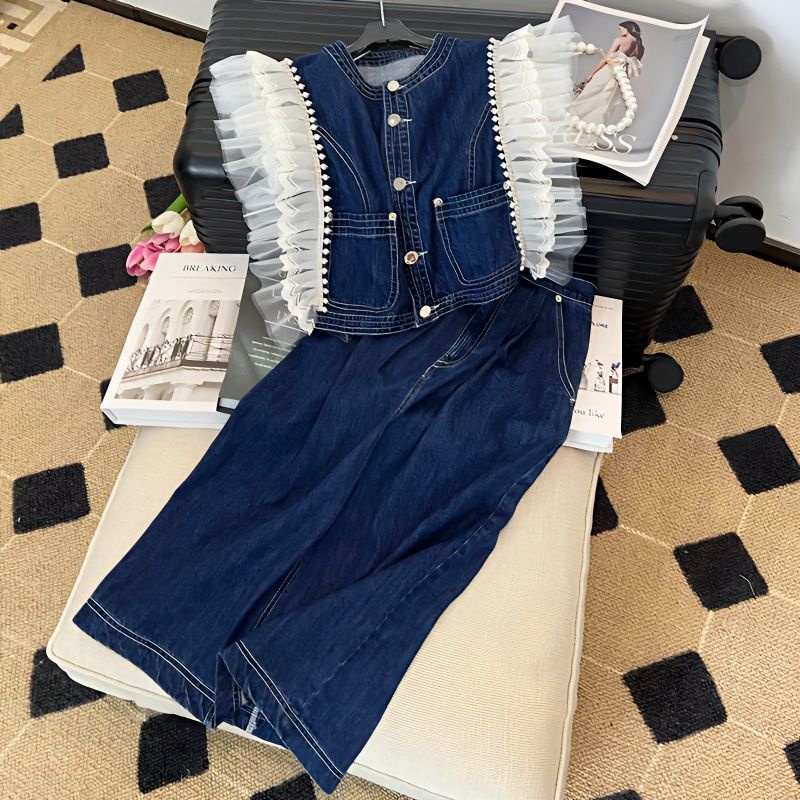 Bộ Áo Denim Cao Cấp Phối Chân Váy Lưới Phong Cách Retro Pháp Thời Trang Mùa Hè 2022 Cho Nữ
