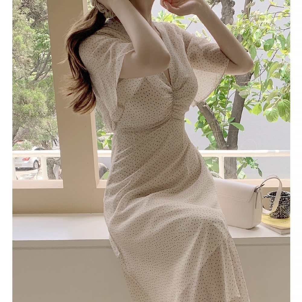 SUXI Đầm Midi Chiffon Hoa Cổ V Dáng Ôm Kiểu Vintage Hàn Quốc Xinh Xắn