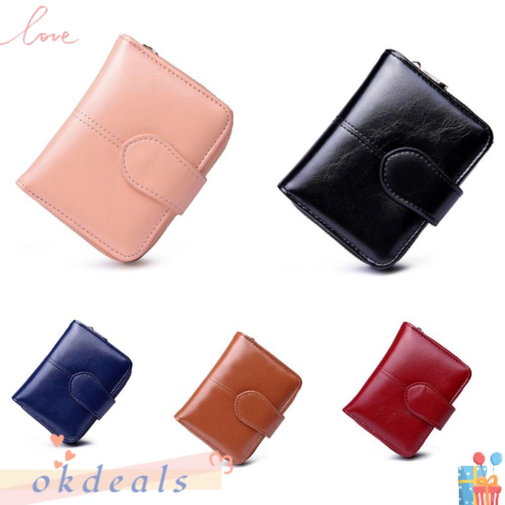 OKDEALS Ví Da Pu Gập Màu Trơn Có Khóa Kéo Dùng Đựng Tiền / Thẻ Cho Nữ