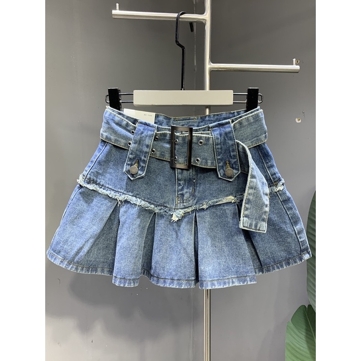 Chân Váy Denim Dáng Chữ a Xếp Ly Màu Xanh Dương Nhạt Phong Cách Retro Thời Trang Mùa Xuân 2023 Mới