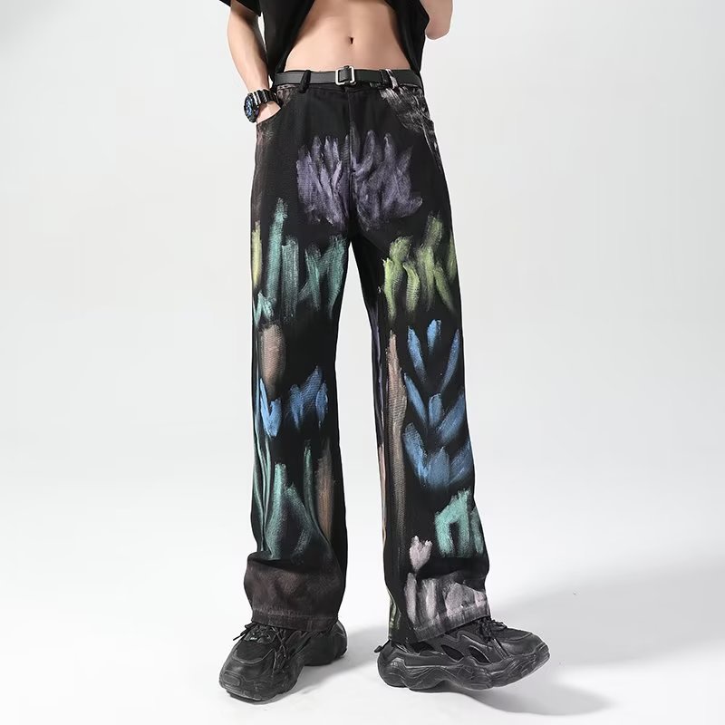 Quần Jean Ống Loe Họa Tiết Tranh Sơn Dầu Vẽ Tay Màu Sắc Thời Trang Mùa Hè Cho Nam