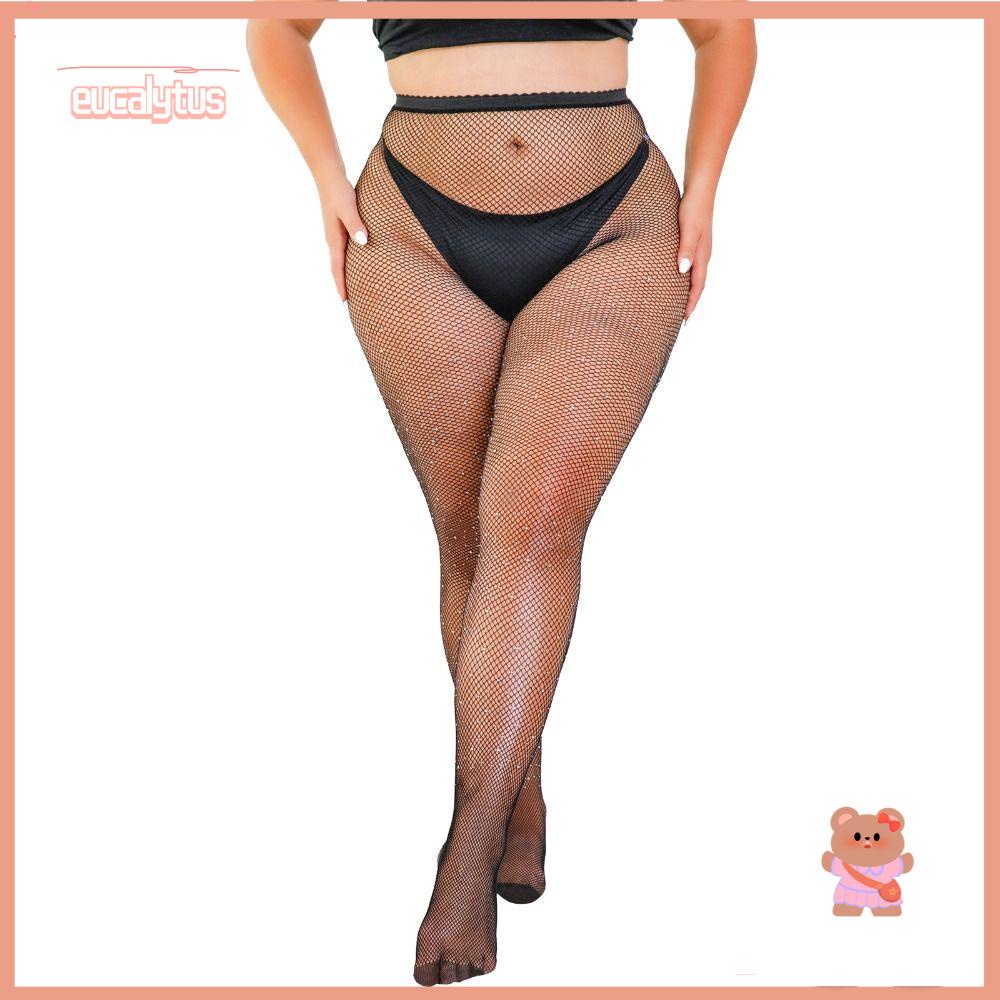 EUTUS Quần Tất Lưới Lưng Cao Co Giãn Đính Đá Lấp Lánh Màu Đen Hóa Trang Halloween