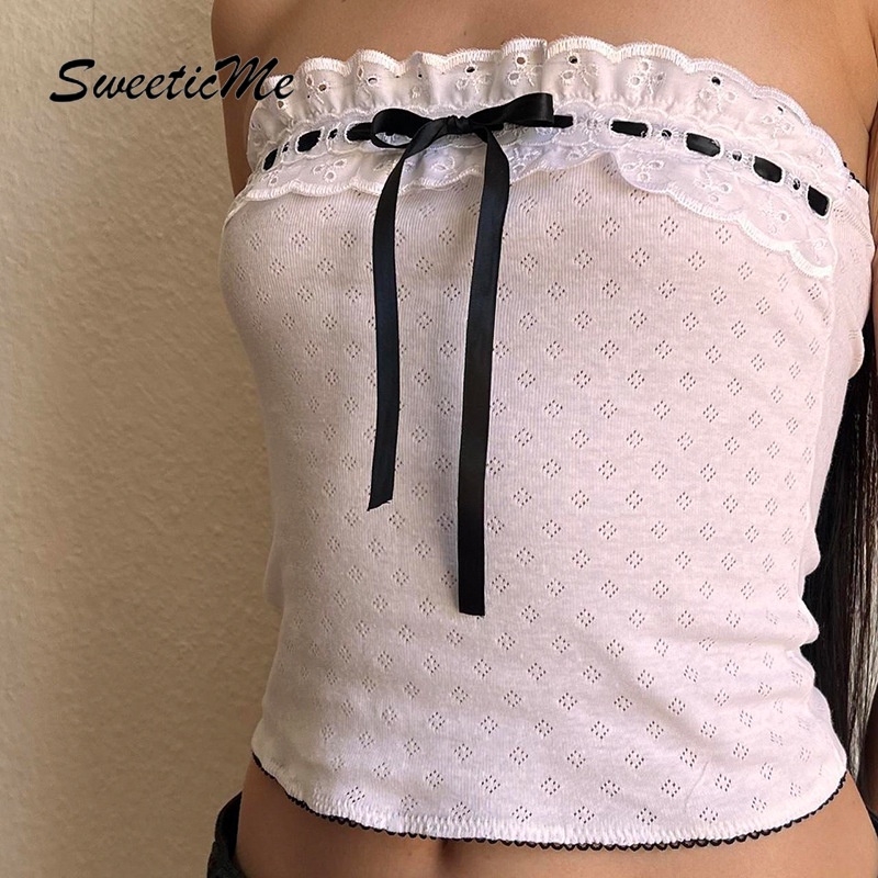 Áo Ống Thắt Nơ Phối Ren Màu Tương Phản Thời Trang 2023 Cho Nữ