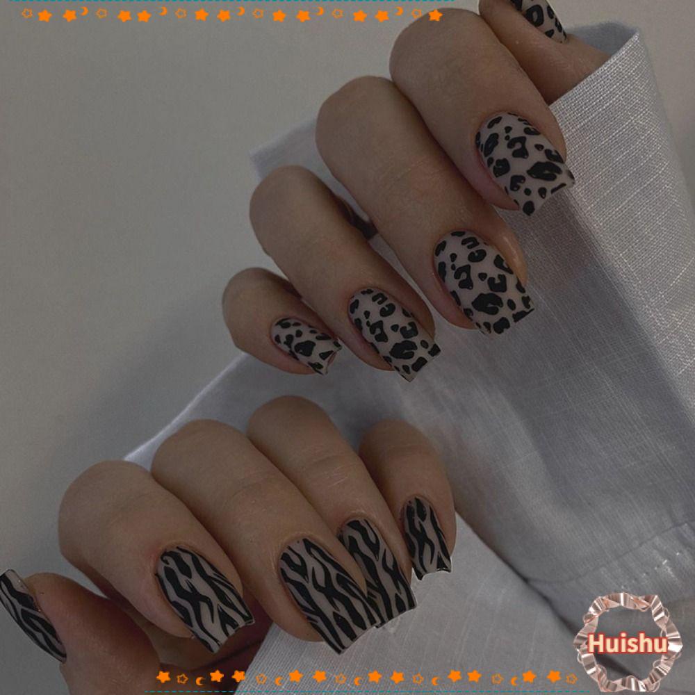 HS Set 24 Móng Tay Giả Màu Vàng Đen Họa Tiết Da Báo Cá Tính