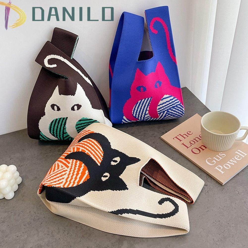 DANILO Túi Xách Đan Len In Họa Tiết Mèo Hoạt Hình Phong Cách Cổ Điển Thời Trang Cho Nữ