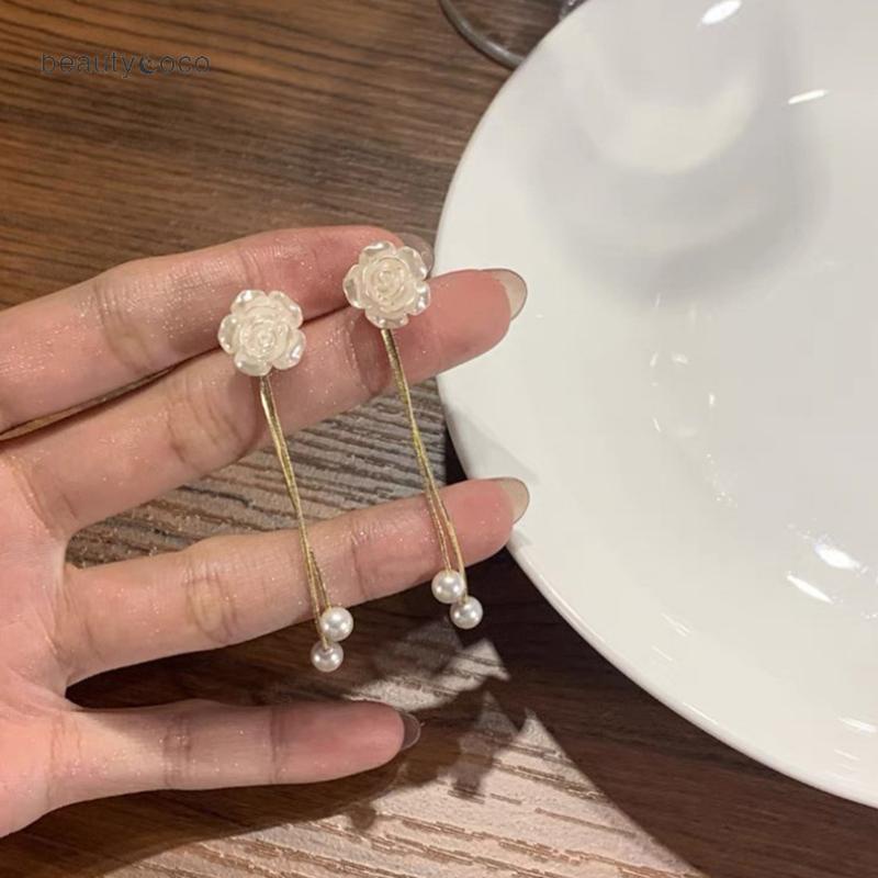 Beautycoco🍊Đôi Bông Tai Dáng Dài Đính Hoa Trà  Phối Tua Rua Thời Trang Cho Nữ,Bông tai mạ bạc 925 hình hoa trà đính ngọc trai phong cách mới 2023