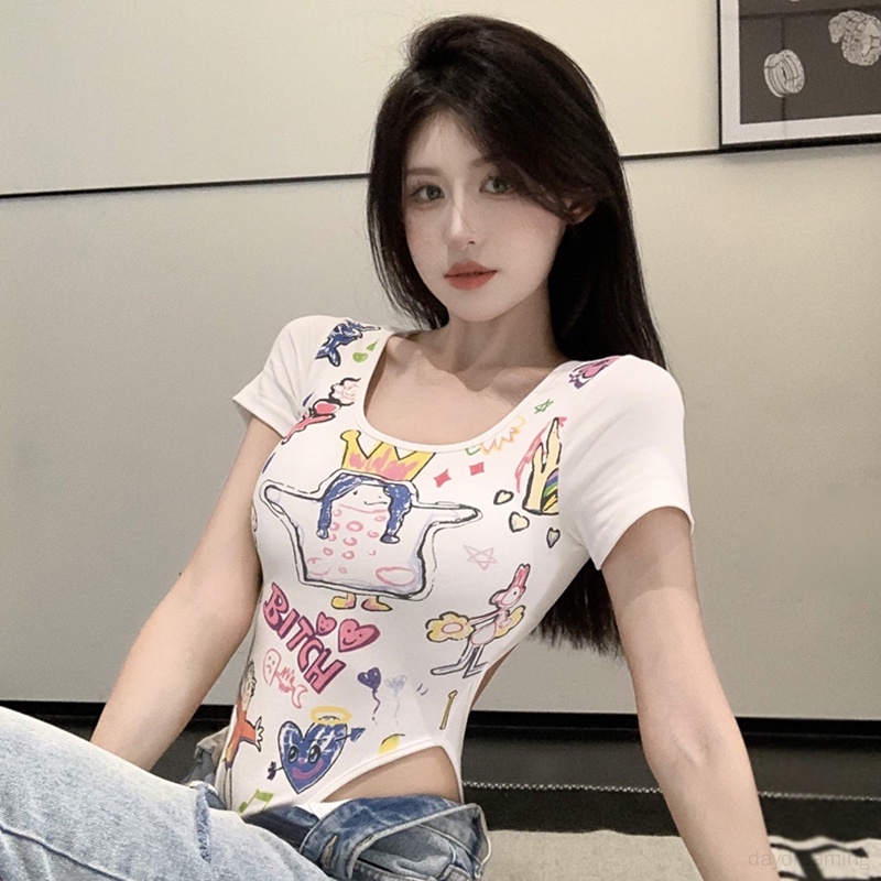 Áo liền quần Cổ Vuông Họa Tiết Bánh Sữa Y2K Dễ Thương Cho Nữ