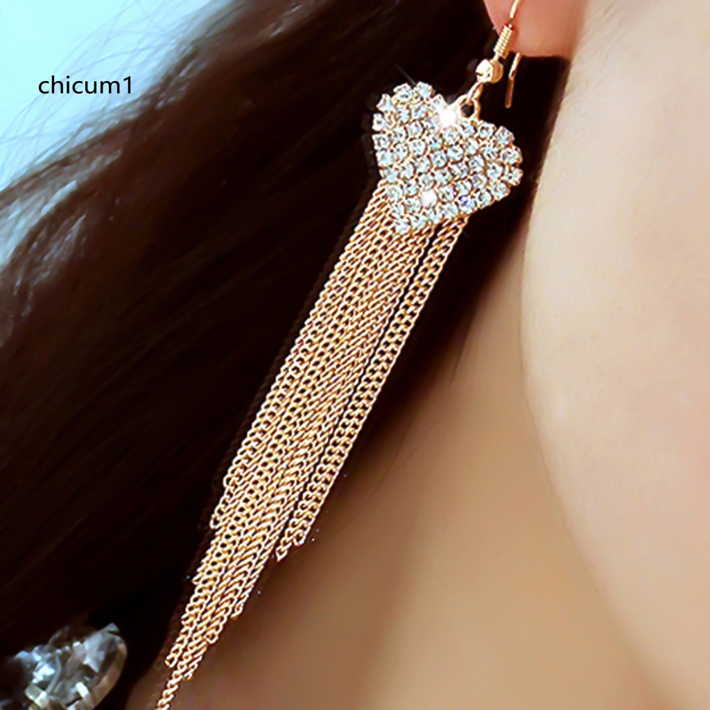 Bông Tai Dáng Dài Hình Trái Tim Phối Tua Rua Thời Trang Dự Tiệc Cho Nữ