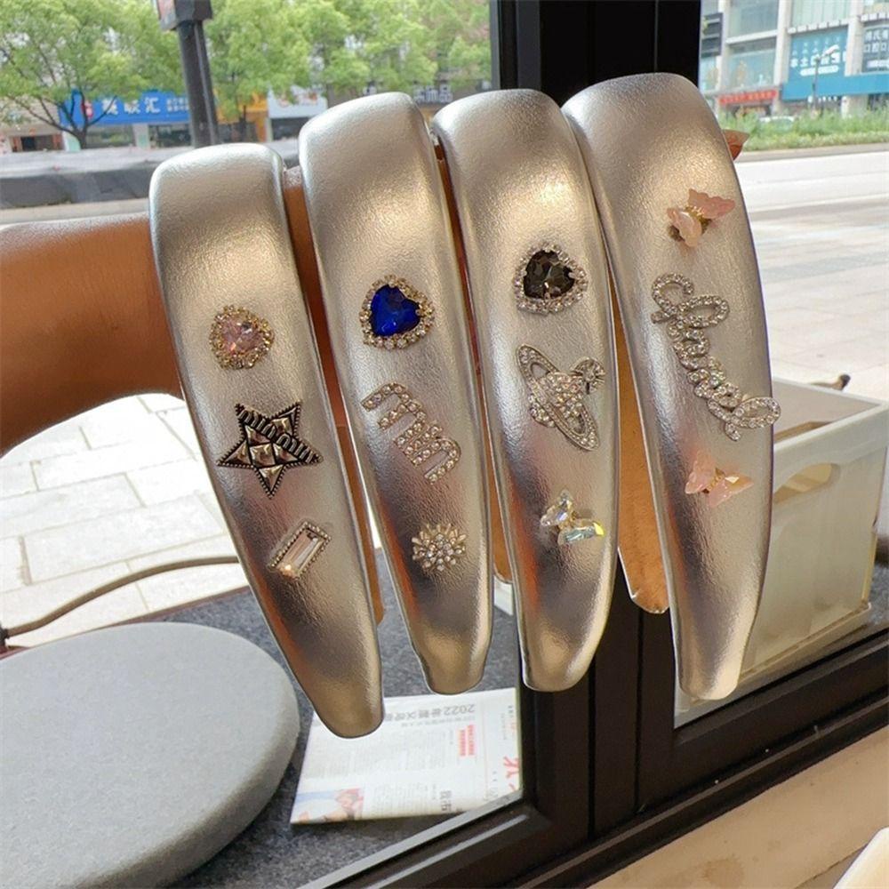 ANEMONE Băng Đô Cài Tóc Bằng Da Đính Đá Màu Bạc Cá Tính Y2K Thời Trang Đường Phố