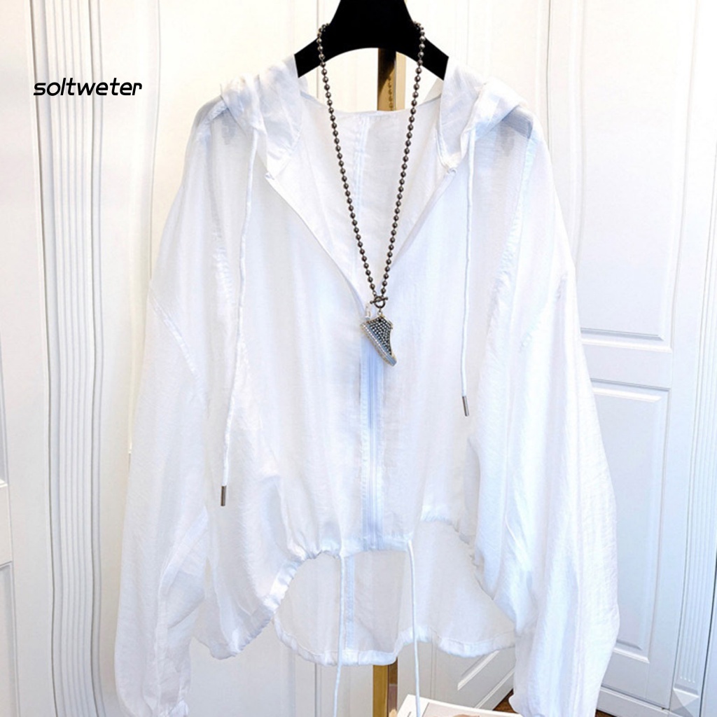 Áo Khoác Chống Nắng Mỏng Tay Dài Màu Trơn Phối Dây Rút Xuyên Thấu Thời Trang Cho Nữ