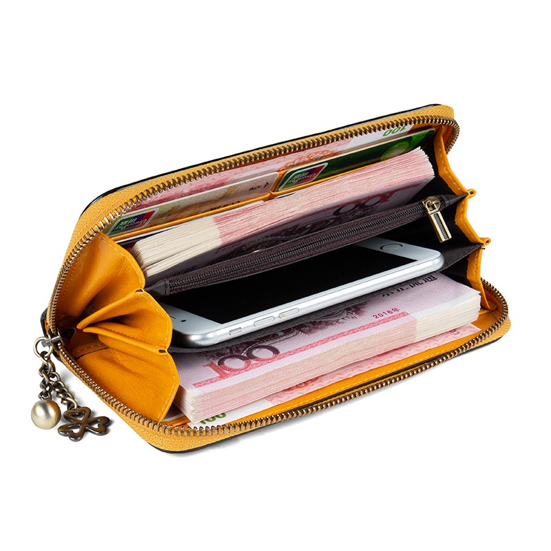 Ví Da Bò Thật Dáng Dài Có Khóa Kéo Phong Cách Retro Cho Nữ
