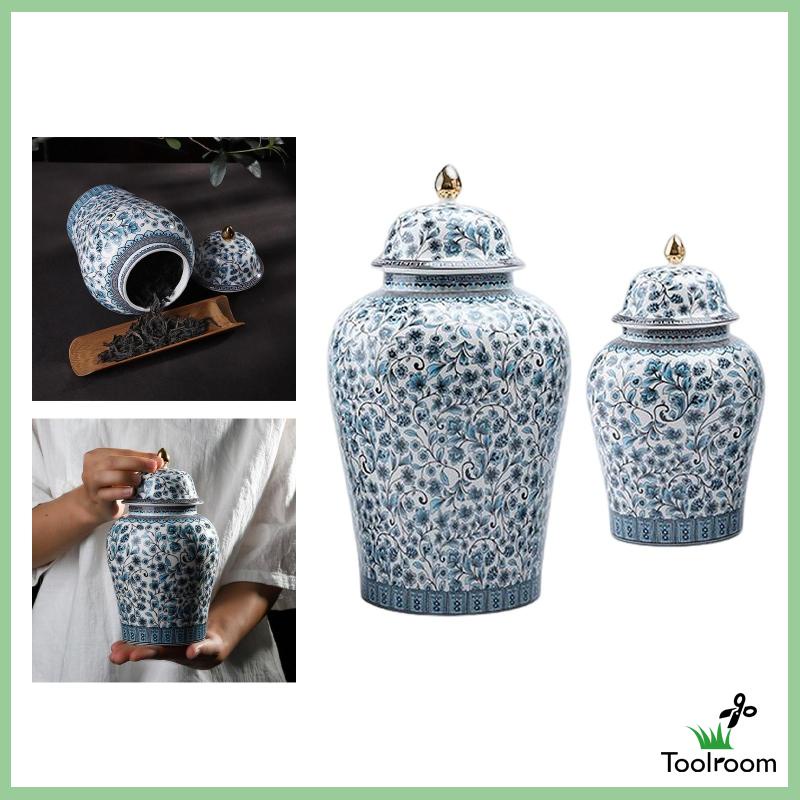 Lọ Gốm Đựng Gừng / Tráng Men Vẽ Tay Có Nắp Đậy Kiểu Trung Tâm Chuyên Nghiệp