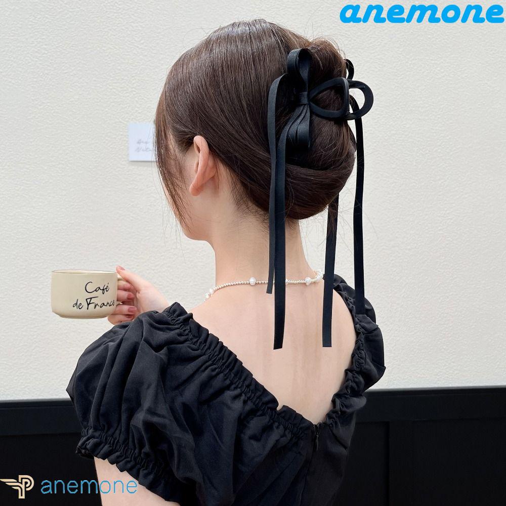 ANEMONE Kẹp Tóc Nơ Ruy Băng Màu Đen Hai Mặt Phong Cách Hàn Quốc Cho Nữ