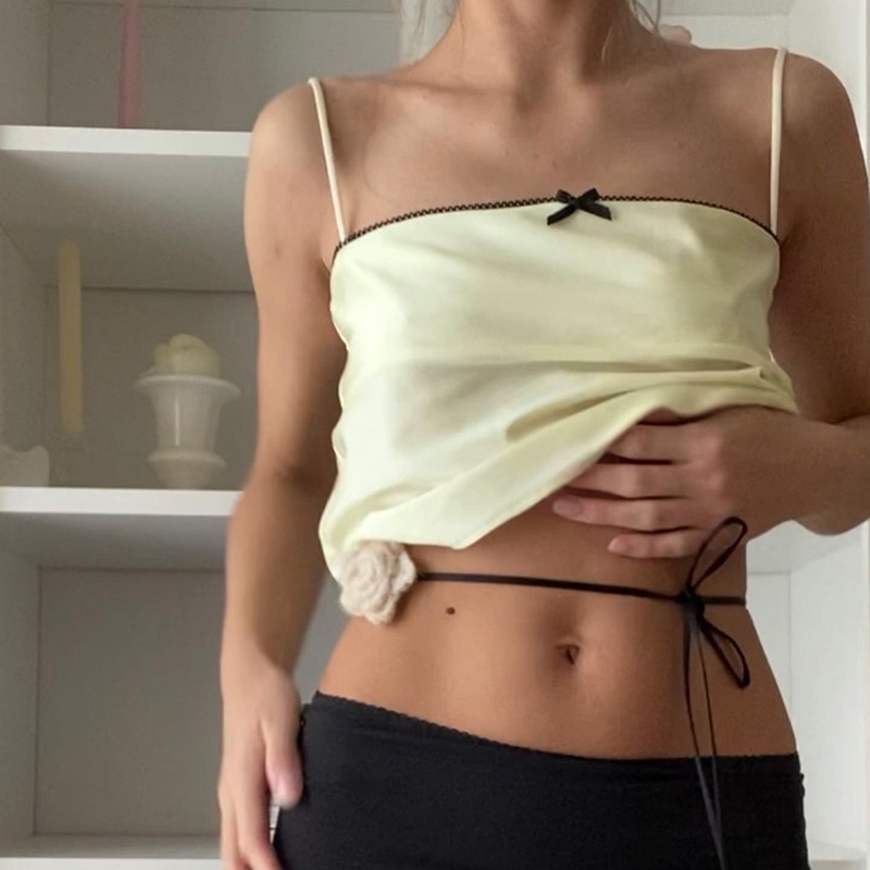 Áo Hai Dây Satin Phối Ren Thắt Nơ Xinh Xắn Thời Trang Cho Nữ