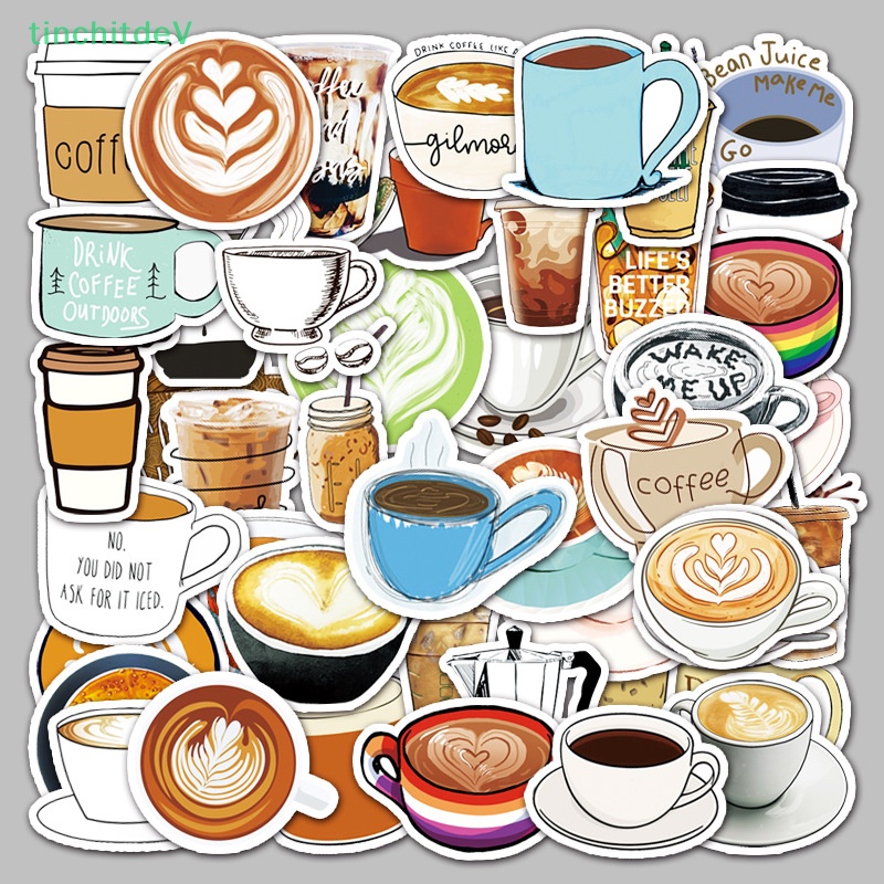 Bộ 50 Miếng Dán Hình Cà Phê Hoạt Hình Trang Trí Laptop / Scooter DIY