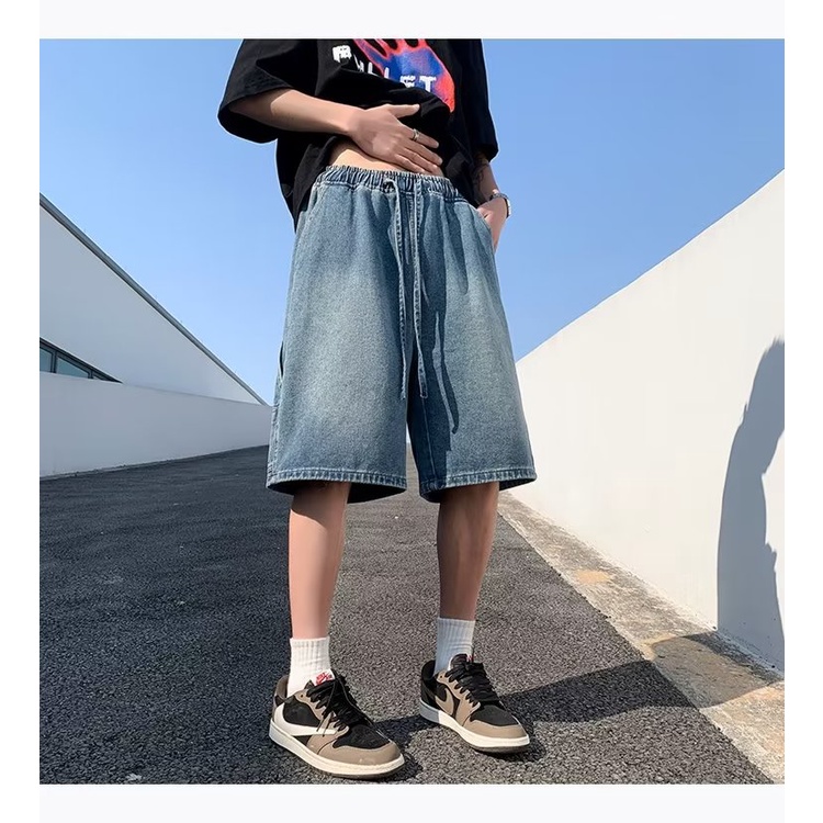 Quần Short Denim Lưng Thun Ống Rộng Phong Cách Đường Phố Mỹ Thời Trang Mùa Hè Cho Nam