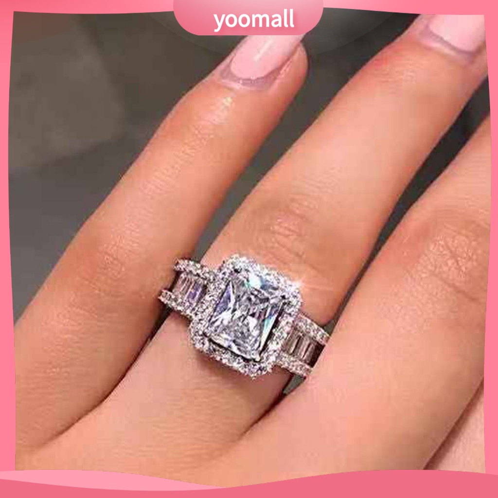 [YM] Nhẫn Cưới Bản Rộng Đính Đá Zircon Hình Vuông Lấp Lánh Không Gây Dị Ứng Trang Trí Phong Cách Phương Tây Cho Nữ