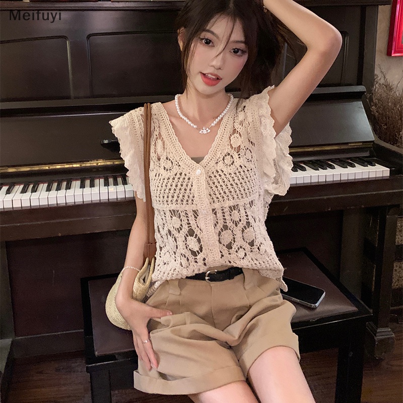 [Meifuyi] Summer Vintage Hollow Out Knitted Top Women Solid Color V Neck Sleeveless Camisole COD
