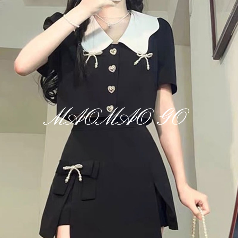 𝒀𝒂𝒏𝒚𝒂𝒏 Set Áo Sơ Mi Cổ Búp Bê Màu Đen Phối Chân Váy Ngắn Thời Trang Cho Nữ