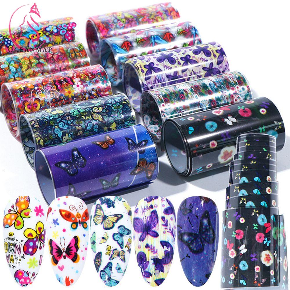 OCEANMAP Miếng Dán Móng Tay Chuyển Nước Họa Tiết Hoa Bướm Bầu Trời Sao Tự Nhiên