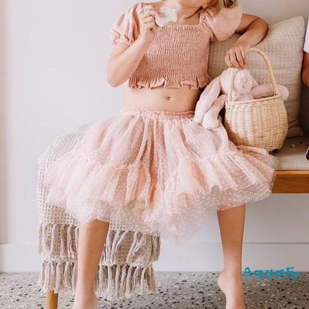 Set Áo Croptop Tay Ngắn + Chân Váy Xếp Ly Chấm Bi Xinh Xắn Cho Bé Gái