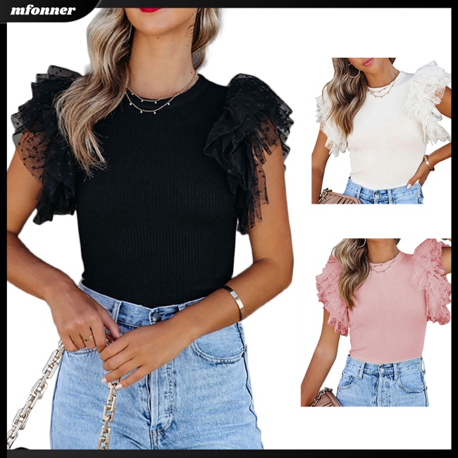 Áo Thun Tay Ngắn Cổ Tròn Phối Lưới Màu Sắc Đơn Giản Thời Trang Mùa Hè Cho Nữ