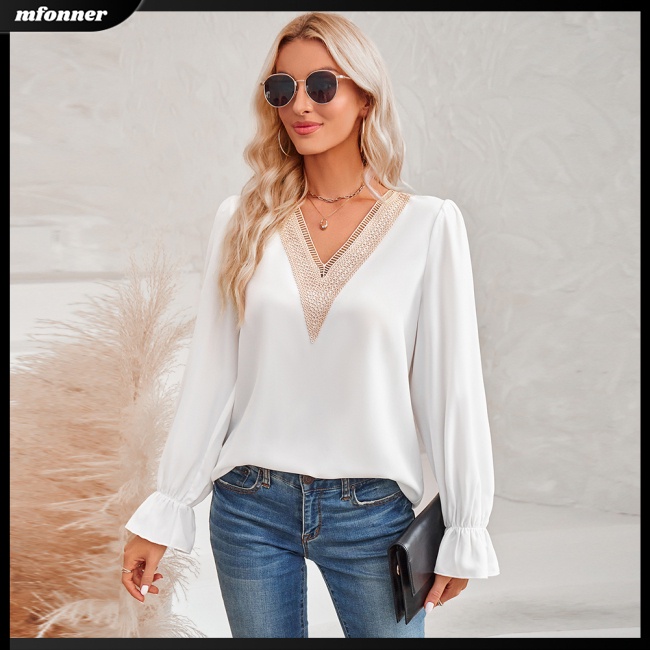 Áo Ren Tay Dài Cổ Chữ V Màu Sắc Thanh Lịch Dành Cho Nữ