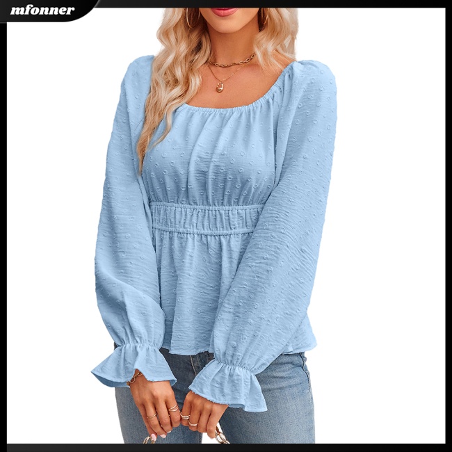 Áo Kiểu Tay Dài Cổ Tròn Phối Bèo Màu Trơn Thời Trang Thanh Lịch Cho Nữ