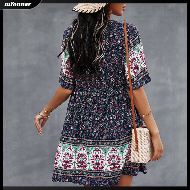 Đầm Tay Ngắn Cổ Chữ V In Họa Tiết Phong Cách Bohemian Thời Trang Mùa Hè Cho Nữ