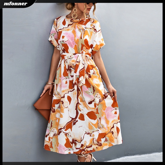 Đầm Dài Tay Ngắn Cổ Tròn Thắt Nơ Sau Lưng Họa Tiết Hoa Phong Cách Boho Cho Nữ