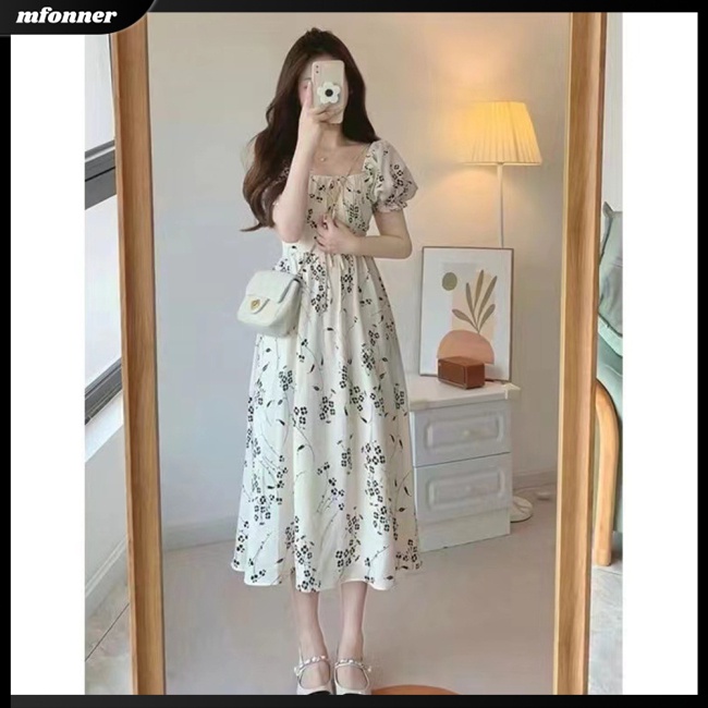 Đầm Dài Dáng Chữ A Tay Phồng Cổ Vuông In Hoa Kiểu Pháp Xinh Xắn Cho Bạn Gái