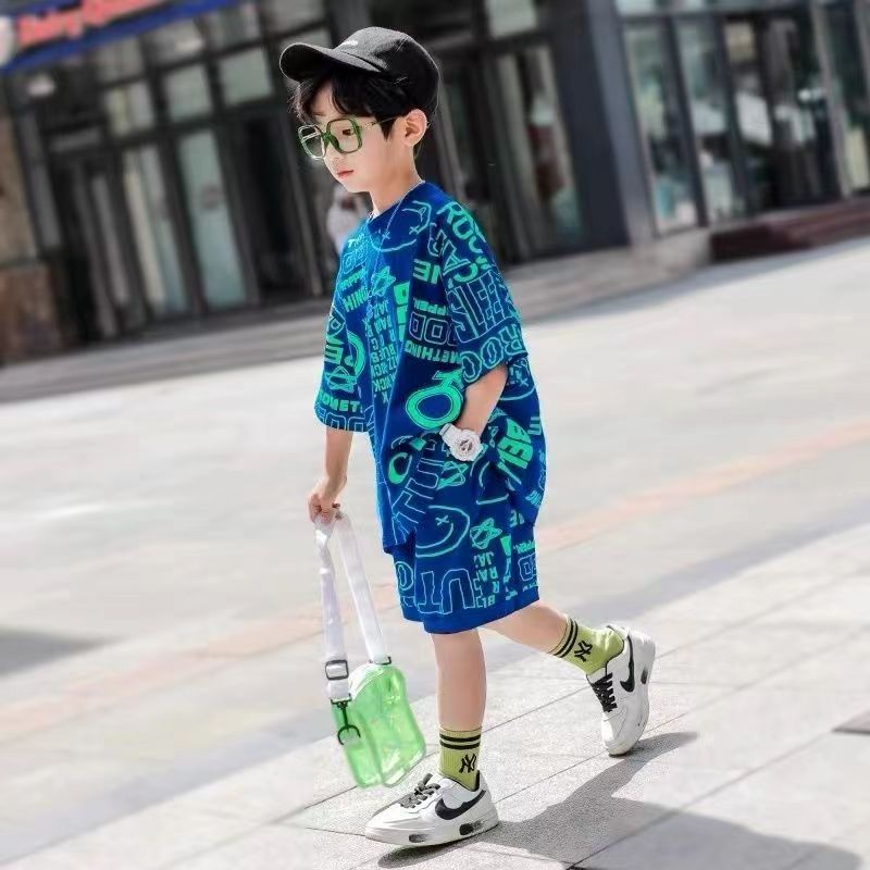 Set Đồ 2 Món Gồm Áo Thun In Họa Tiết + Quần Ngắn Thời Trang Hàn Quốc Chất Lượng Cao Cho Bé Trai 3-14 Tuổi