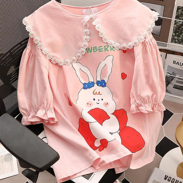 In solid color t-shirt cô gái mùa hè mới của pháp quần áo trẻ em tay phồng