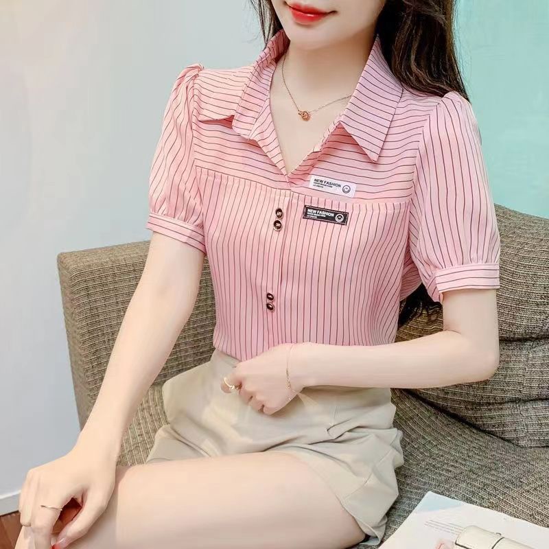 Áo Sơ Mi Chiffon Ngắn Tay Họa Tiết Kẻ Sọc Phong Cách Pháp Thời Trang Mùa Hè Cho Nữ