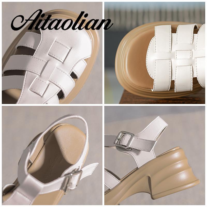 Xăng đan Da Thật 6cm Mũi Tròn Thời Trang Cho Nữ