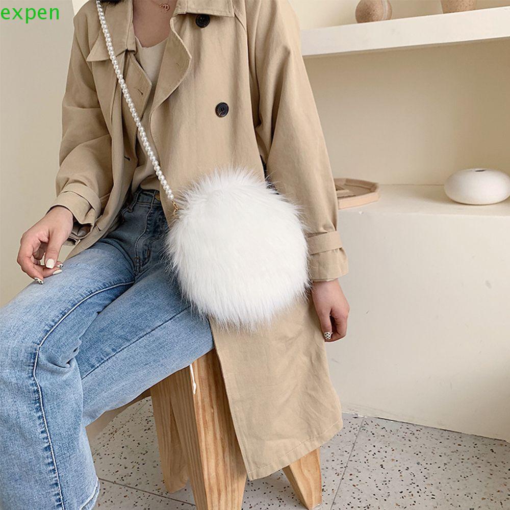 EXPEN Túi Xách Đeo Vai Hình Tròn Phủ Lông Giả Mềm Mại Thời Trang Nữ Sành Điệu