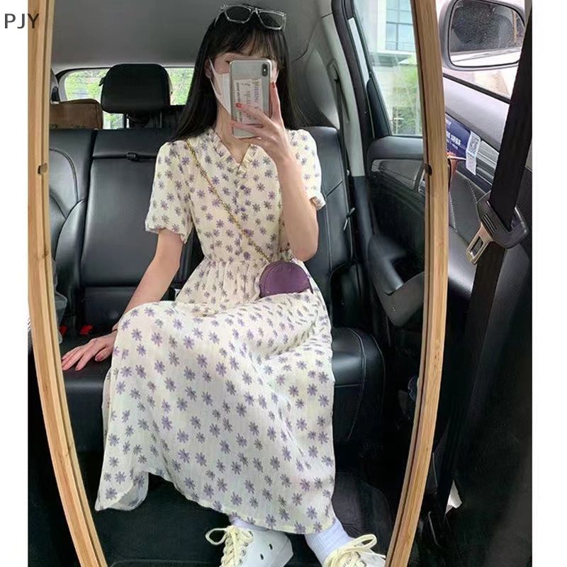 Đầm Midi Cổ Tròn Tay Phồng In Hoa Kiểu Vintage Thời Trang Mùa Hè Cho Bạn Gái PJ