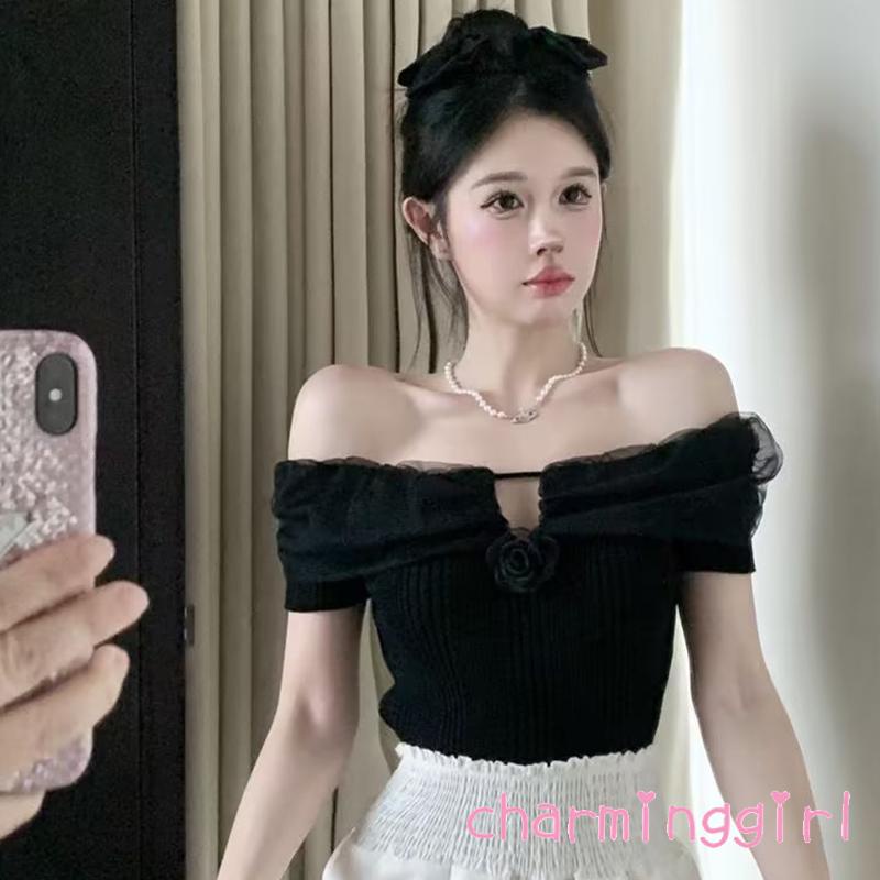 Áo Thun Dệt Kim Tay Ngắn Hở Vai Màu Trơn In Họa Tiết Hoa 3D Dành Cho Nữ