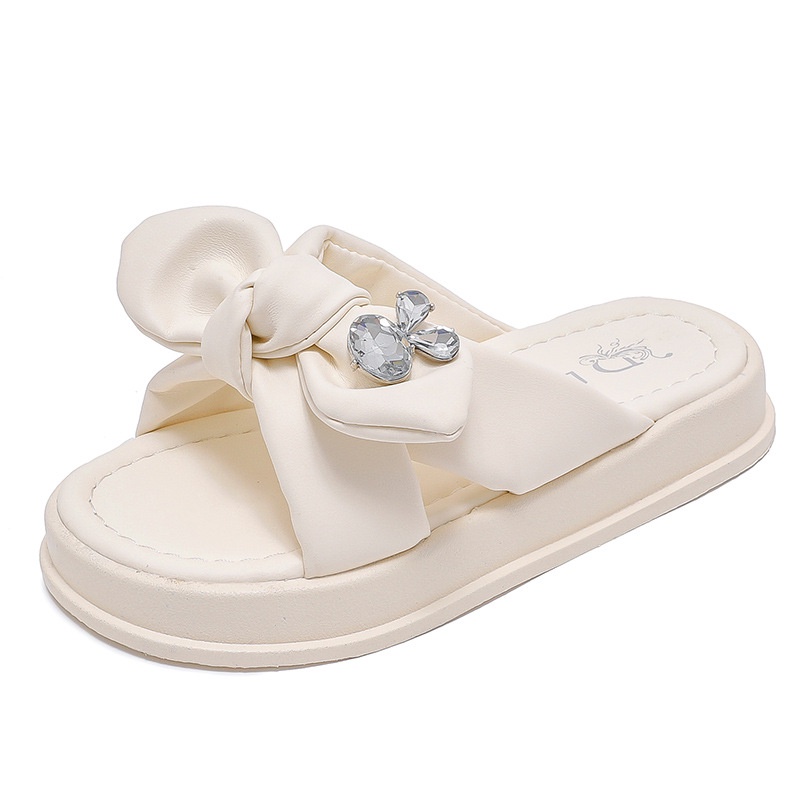 Dép Đi Trong Nhà Đế Dày Mềm Mại Chống Trượt Màu Trơn Đính Đá Trang Trí Nơ Thời Trang Mùa Hè Cho Bé Gái